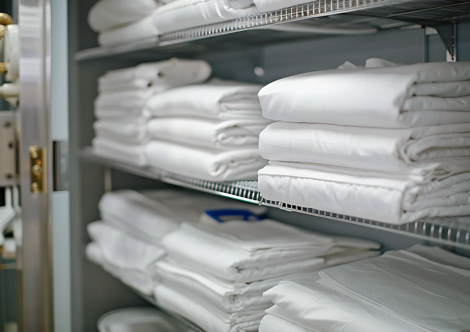 Cernita biancheria e lavaggio eco-friendly, asciugatura e stoccaggio a microclima controllato, stiratura a vapore, piega meccanizzata e controllo qualità